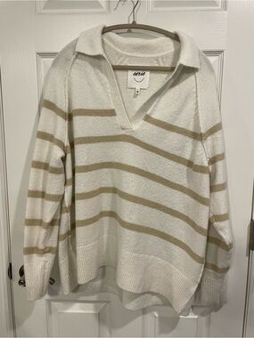 Aerie Cream & Tan Striped Collared V-Neck Sweater
